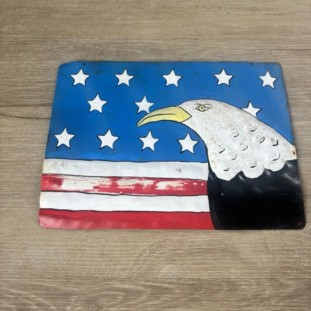 Hand Painted Metal American Flag Bald Eagle Sign Folk Art Wall Decor 10